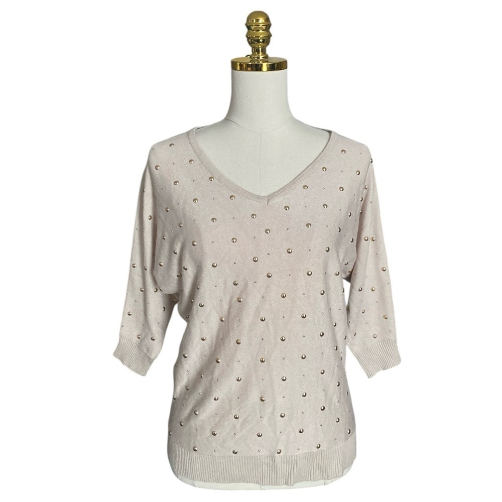 CATHERINE MALANDRINO | Women’s Cream Studded V-Neck Pullover Sweater Size L